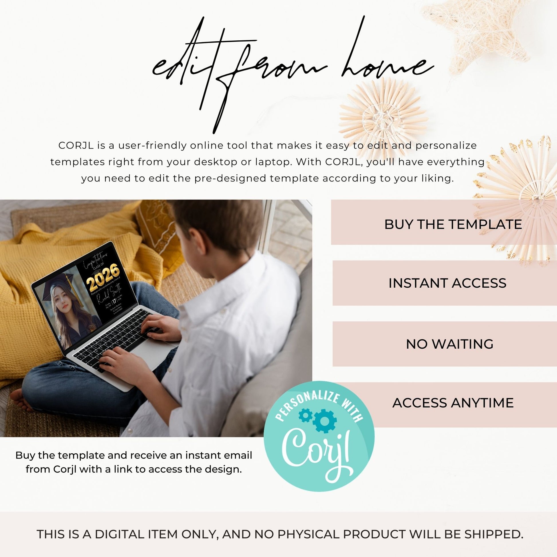 Edit from home graduation invitation template shown on laptop with features including buy the template, instant access, no waiting, and access anytime via Corjl.