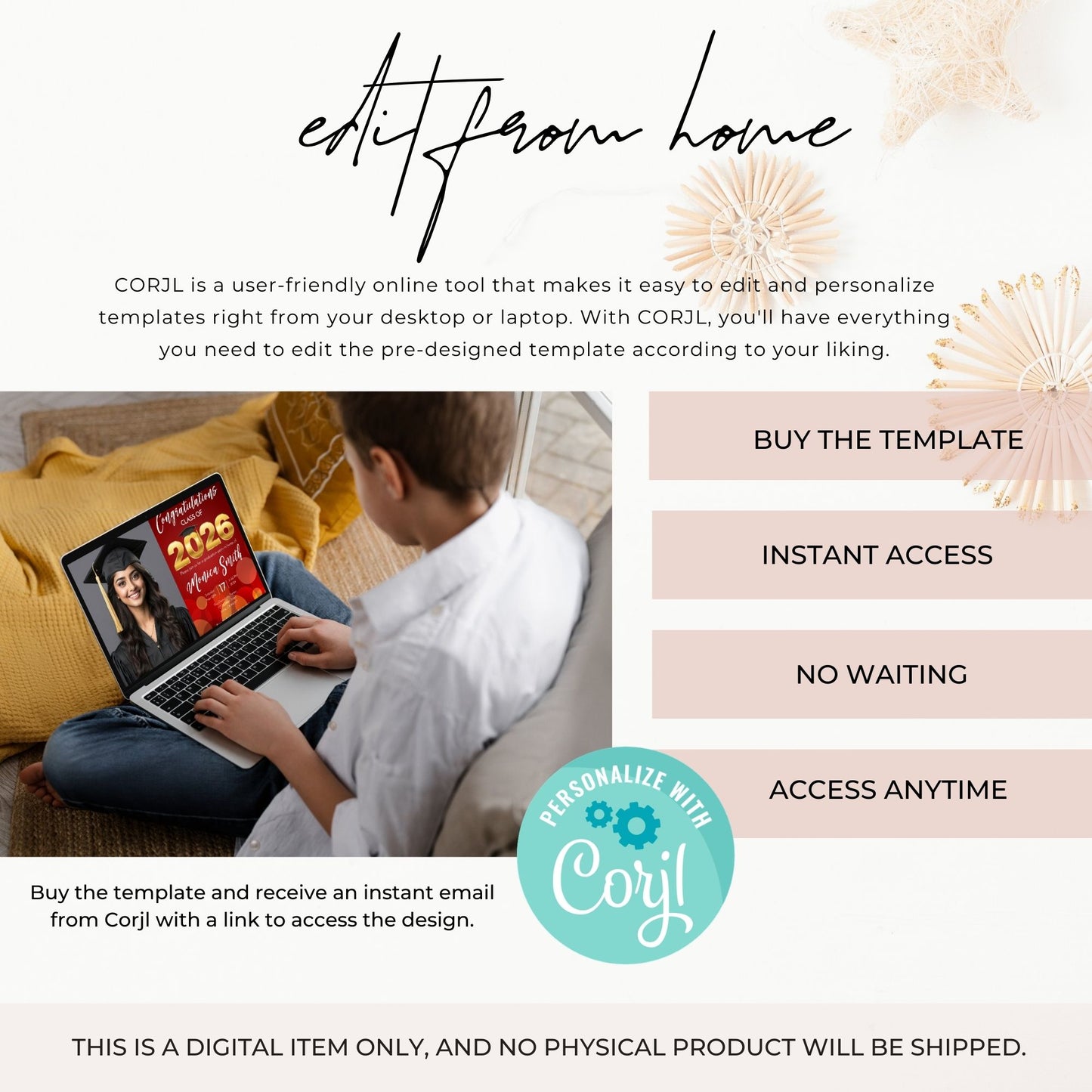 Person using a laptop with a template on the screen, promotional text for CORJL software.