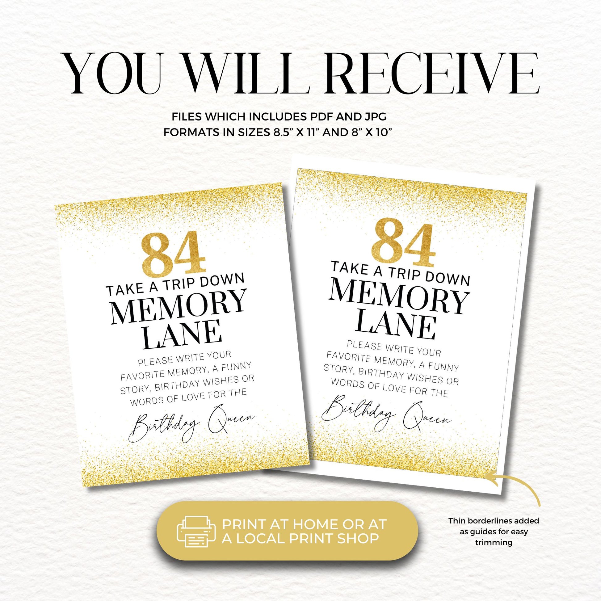 you will receive preview showing 84th Birthday Memory Lane printable files and gold glitter design details
