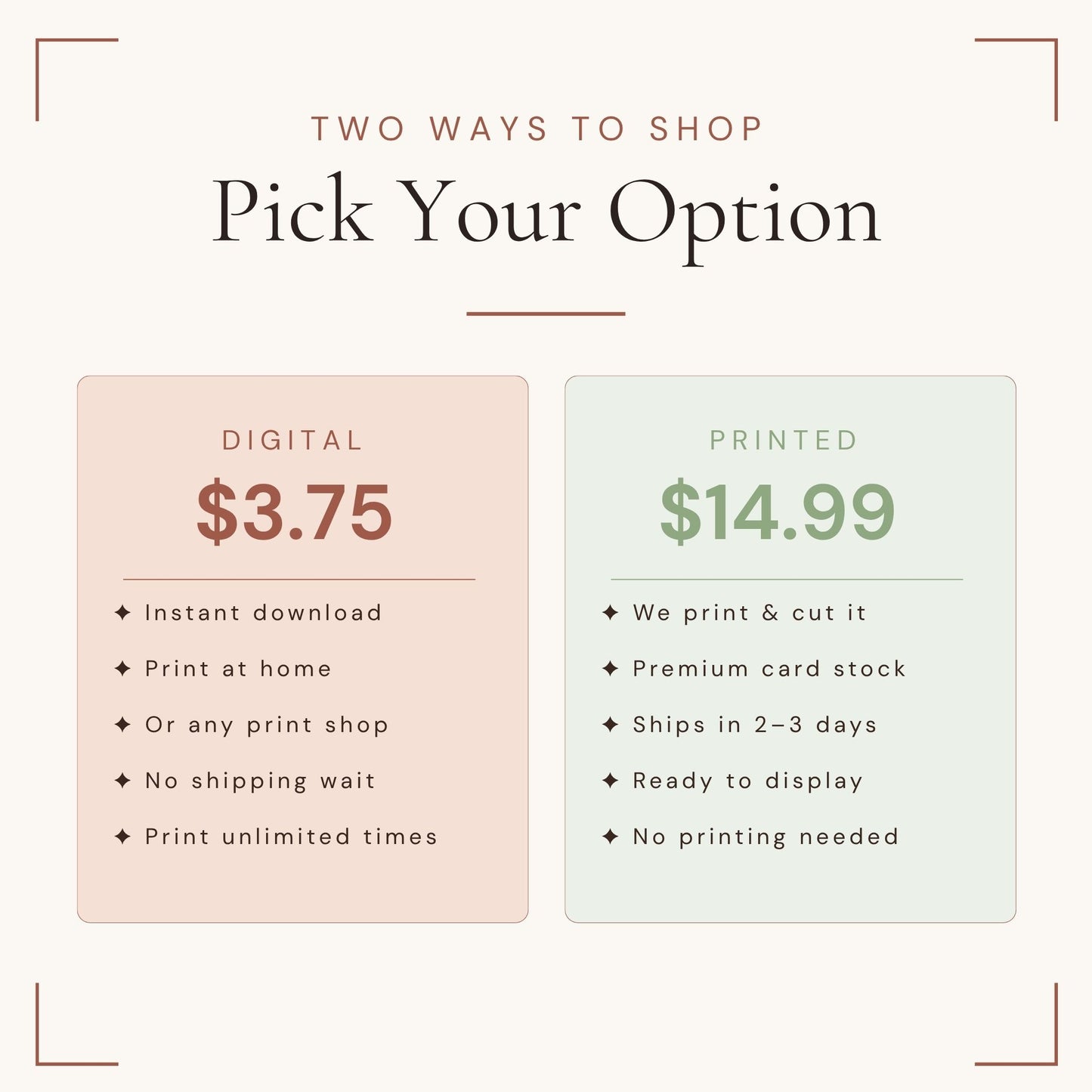 Comparison of digital and printed options with prices and features on a light beige background.