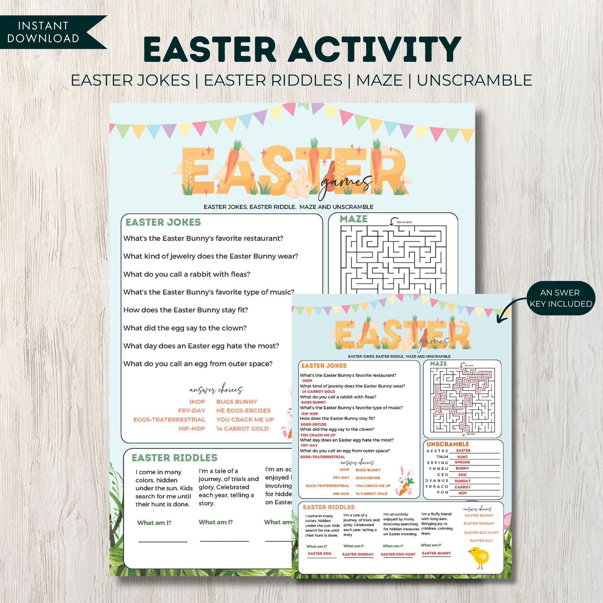 Easter Worksheet Riddles Easter Games Bundle: Jokes, Riddles, Maze & Unscramble - Instant Downl ...