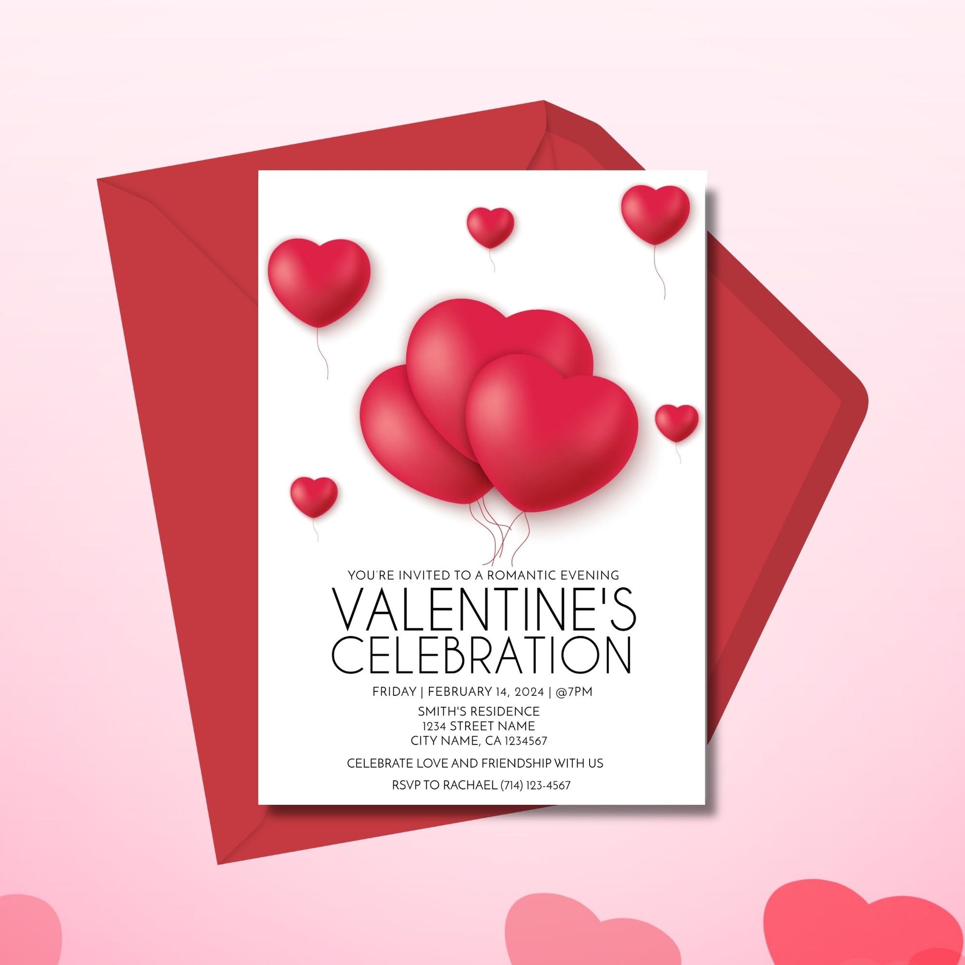 Editable Valentine's Day Invitation Template 5x7, Romantic Heart Balloon Design, Instant Download, Corjl Personalized Invitation