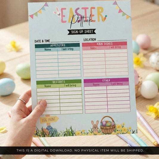 Easter potluck sign-up sheet held by a hand with Easter eggs and decorations in the background.