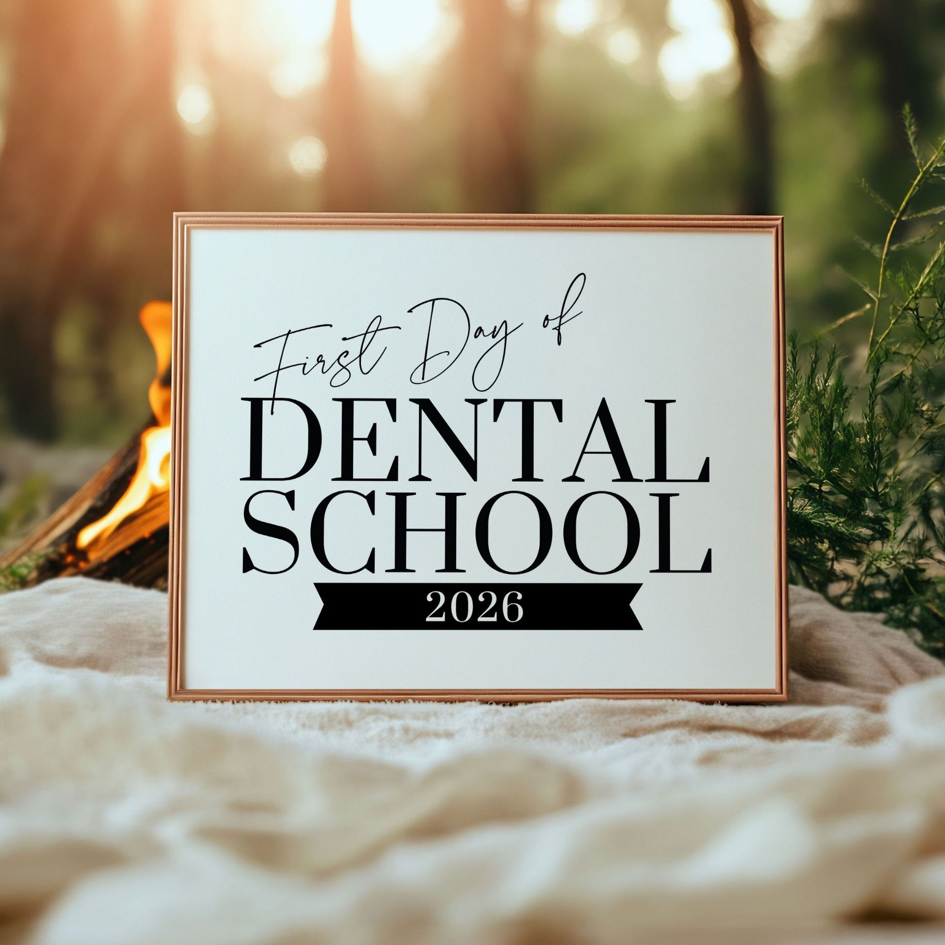 Sign with 'First Day of Dental School 2026' text in a natural setting with a fire and trees.