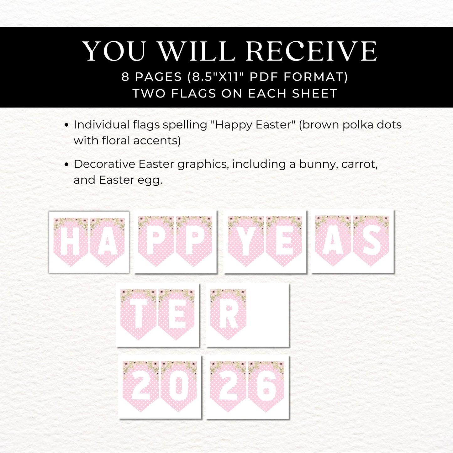 Product description of Easter-themed flags and graphics on a white background with text.