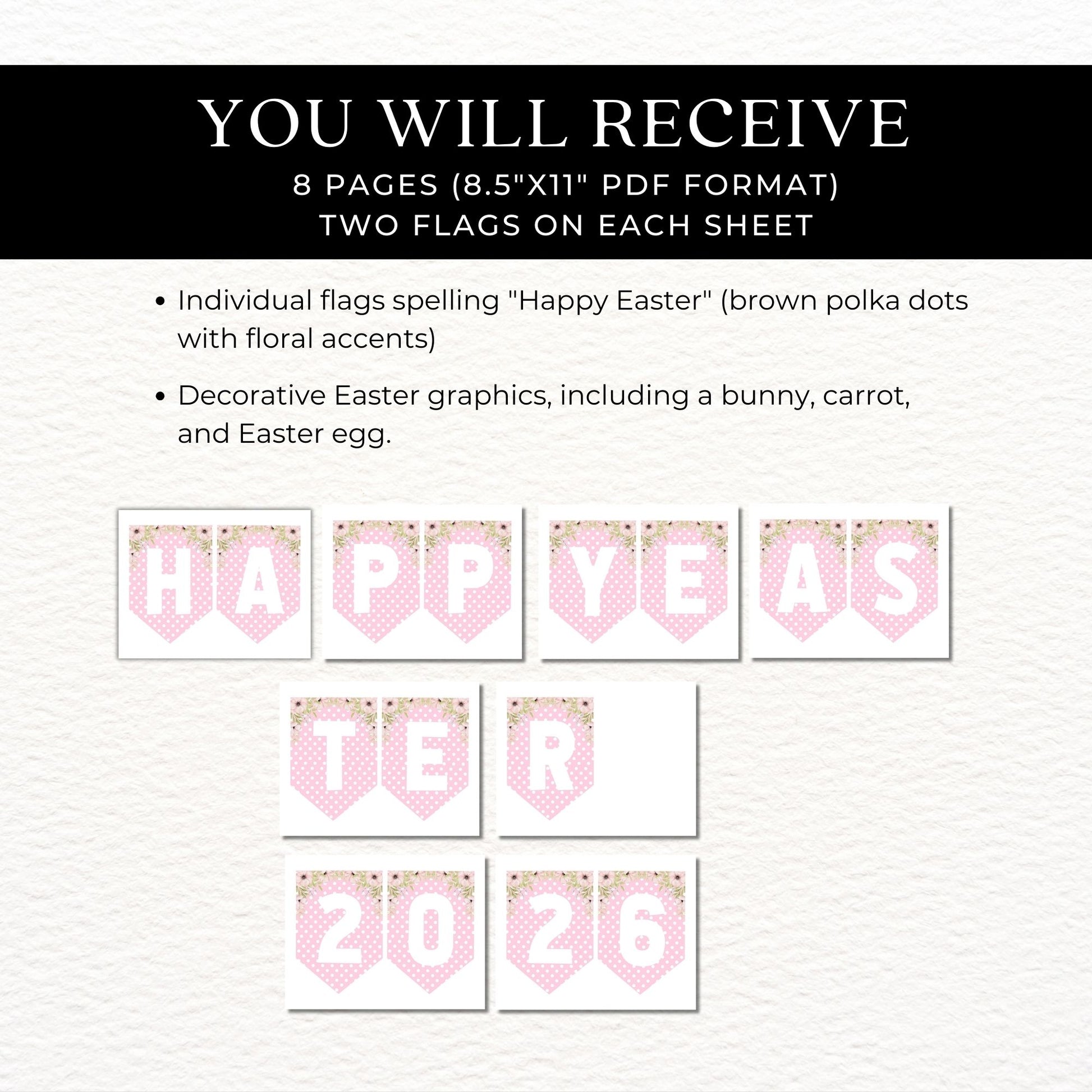 Product description of Easter-themed flags and graphics on a white background with text.