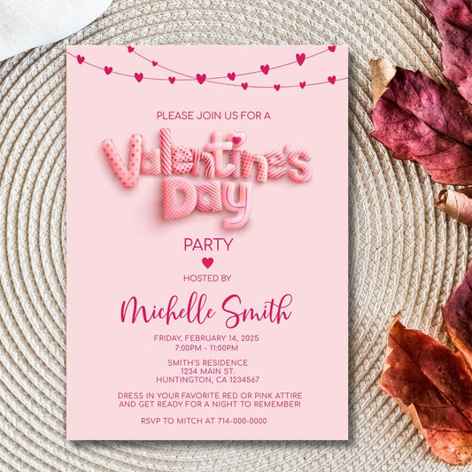 Editable Valentine's Day Party Invitation Template 5x7, Pink Heart Design, Corjl Instant Download, Custom Romantic Event Card