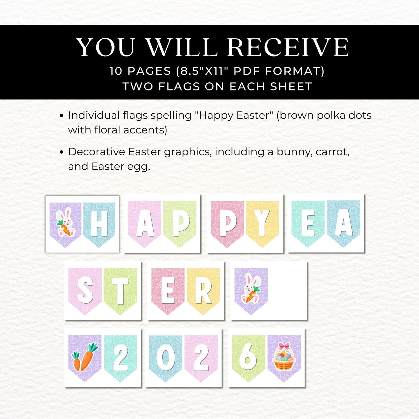 Happy Easter 2026 Banner Printable Pastel Easter Egg Party Decoration Spring Garland Instant Download PDF