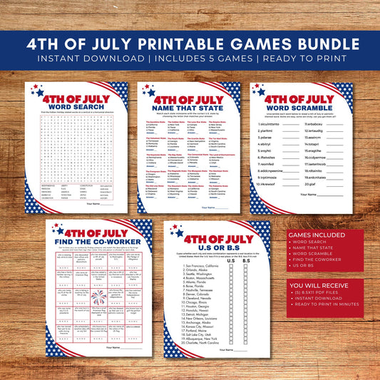 4th of July Game Bundle Printable for Kids and Adults Patriotic Party Games PDF 5 Pack July Fourth Trivia Icebreaker Instant Download