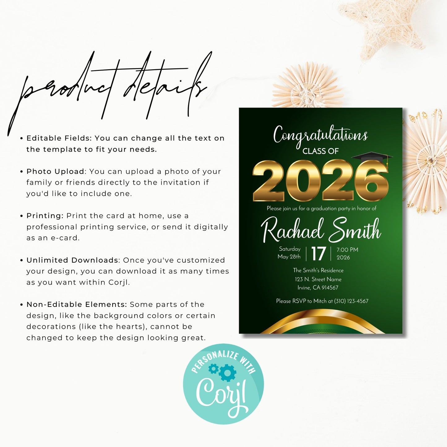 Graduation invitation card with text and Corjl logo on a white background