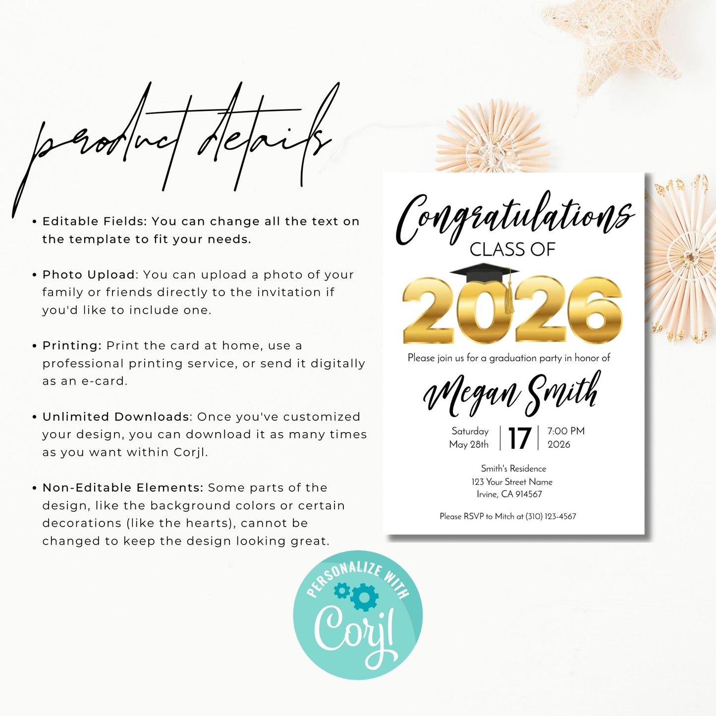 Graduation invitation card template with editable text and Corjl branding on a white background.