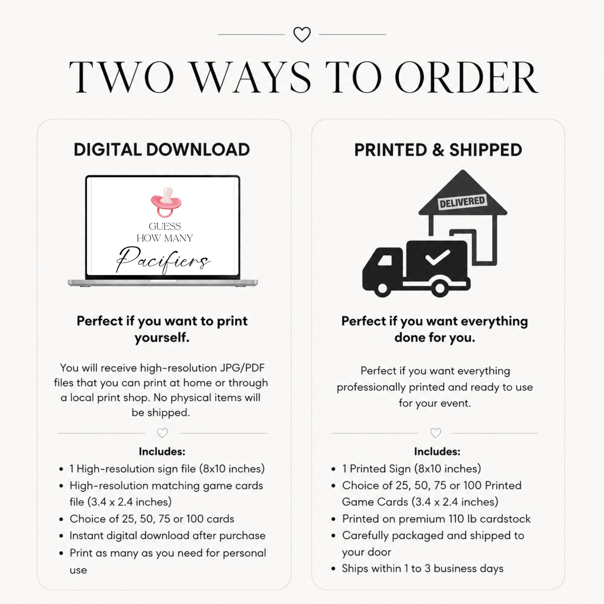 Two ways to order graphic with digital download and printed & shipped options on a light gray background.
