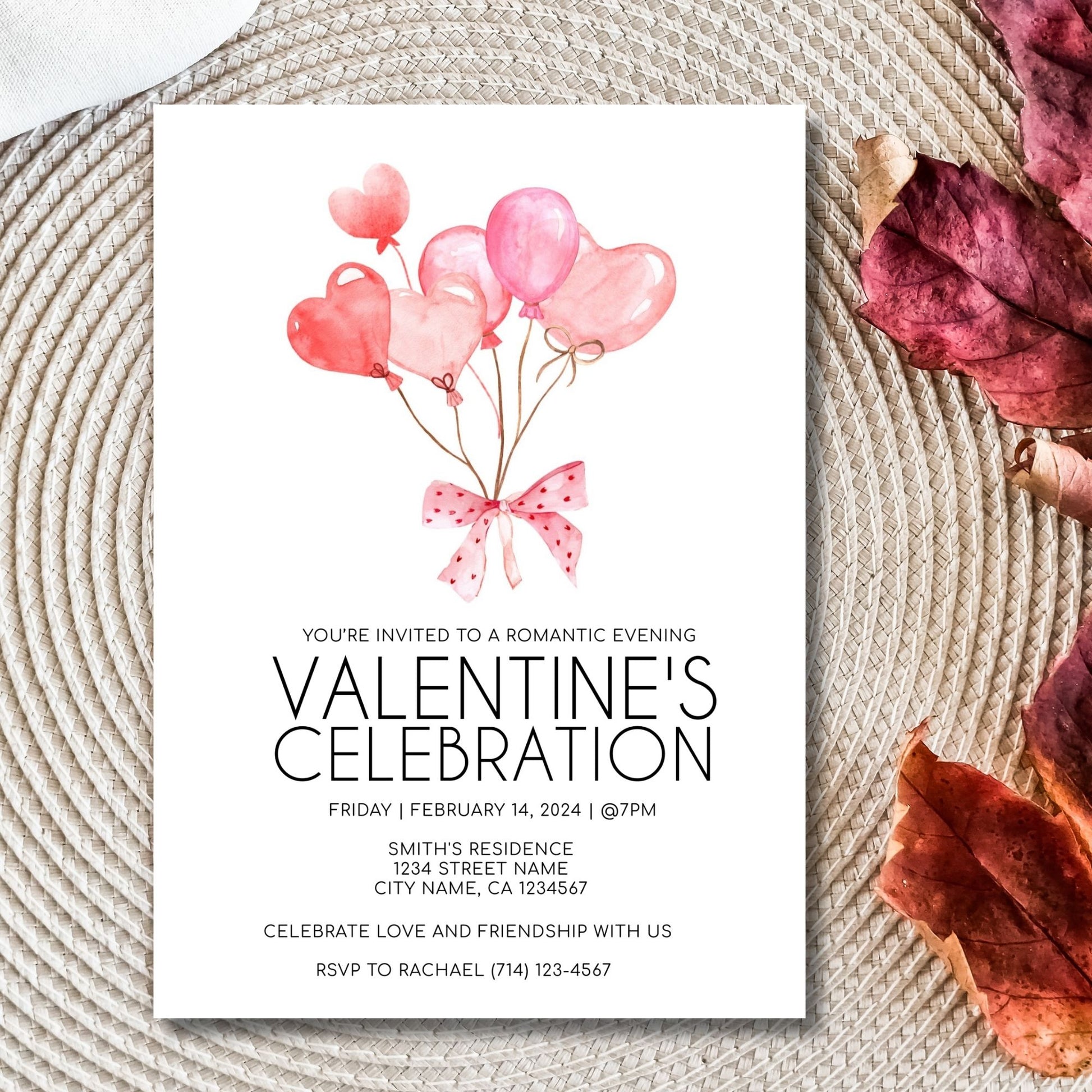 Editable Valentine's Day invitation featuring watercolor heart balloons and pink bow design, customizable in Corjl, 5x7 template for events