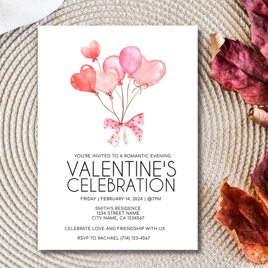 Editable Valentine's Day invitation featuring watercolor heart balloons and pink bow design, customizable in Corjl, 5x7 template for events