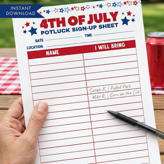 4th of July potluck sign-up sheet held by a hand with a pen, on a table with a drink and checkered cloth.