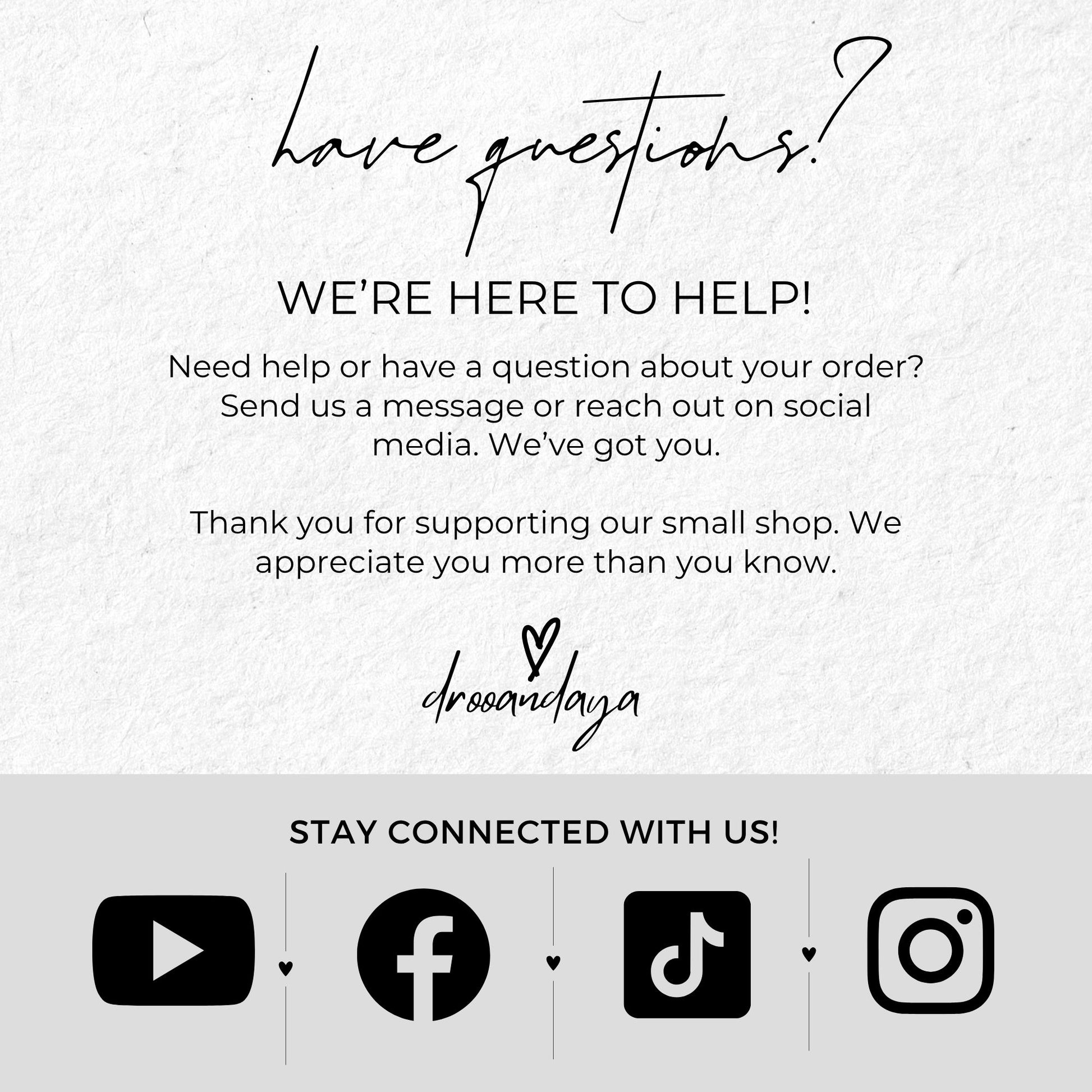 Customer service message with contact information and social media icons on a white background
