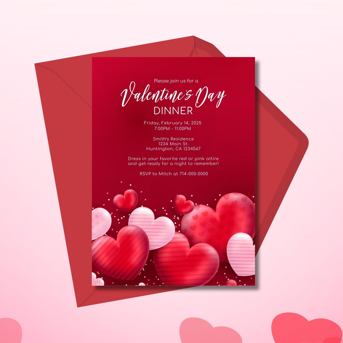 Valentine's Day Dinner Invitation Template, Editable Red Heart Design, Corjl 5x7 Instant Download, Personalized Event Card