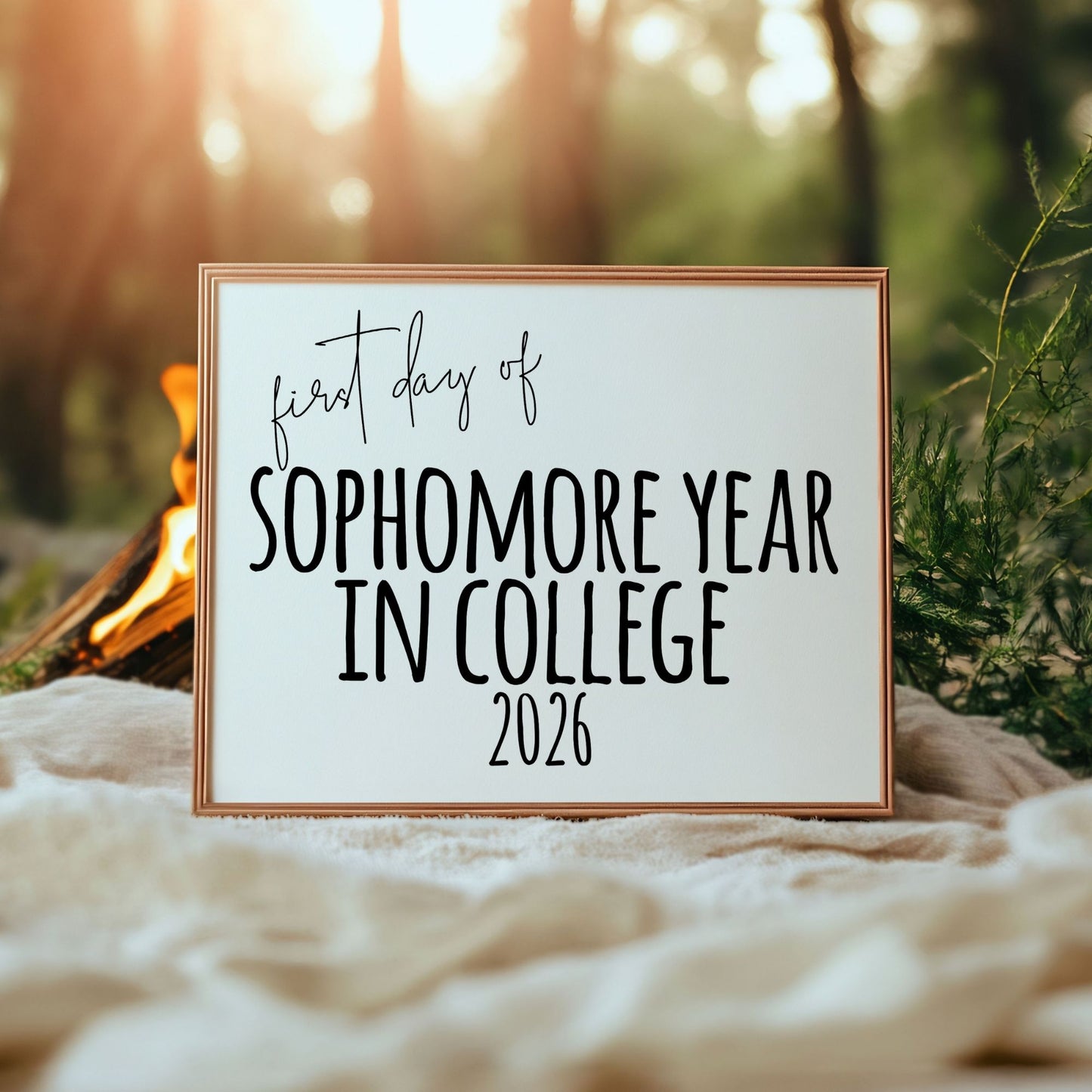 Sign with 'first day of sophomore year in college 2026' text in a forest setting with a campfire.