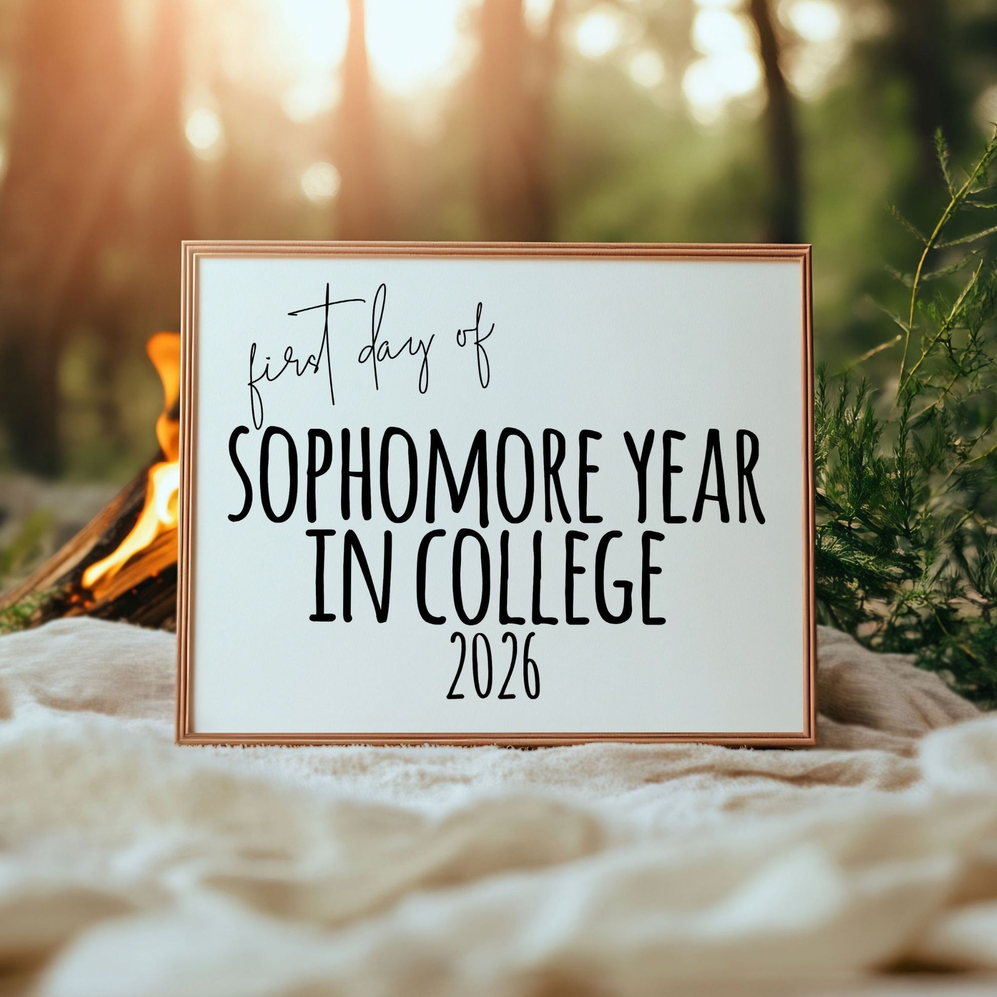 Sign with 'first day of sophomore year in college 2026' text in a forest setting with a campfire.