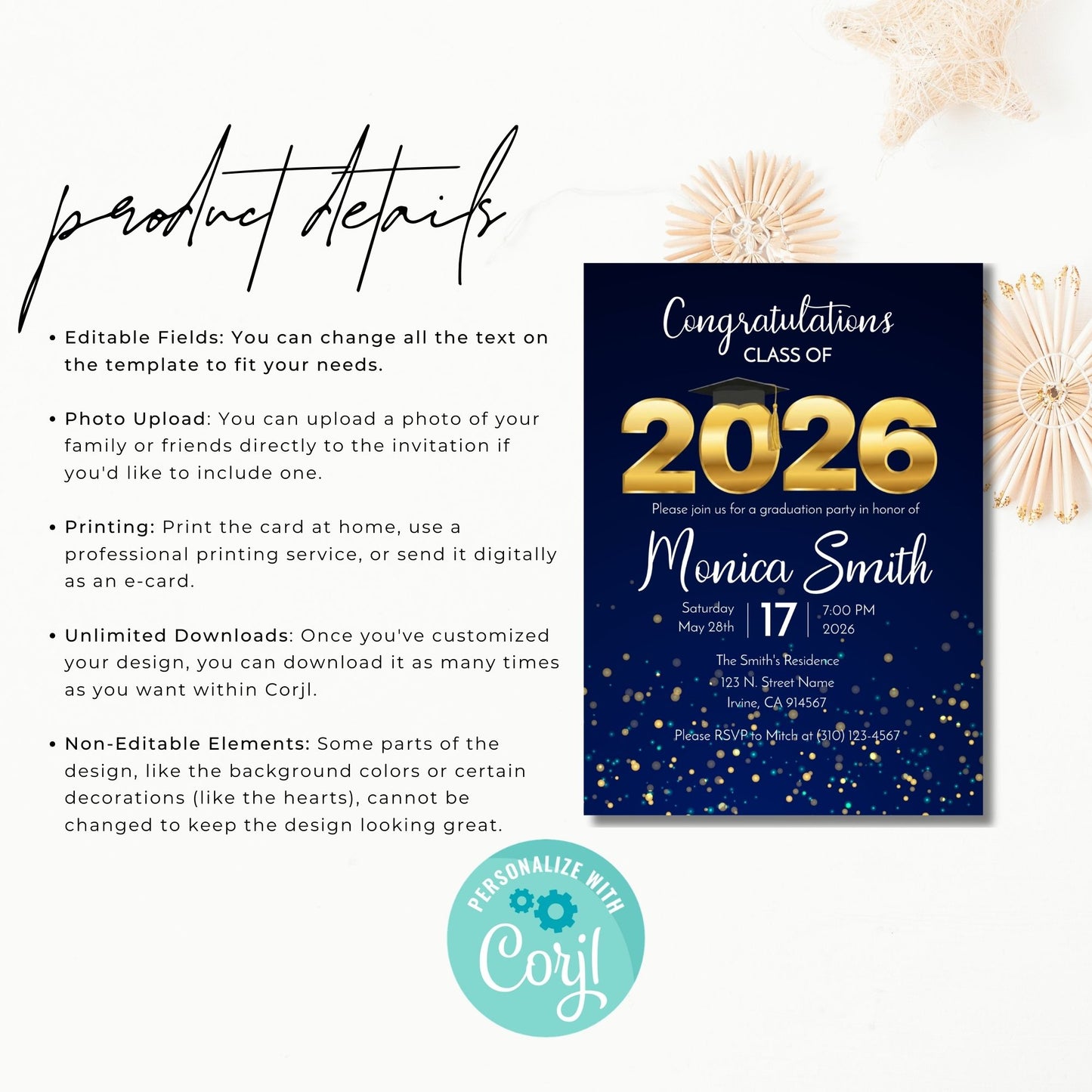 Graduation invitation card for Class of 2026 with editable text options on a white background.