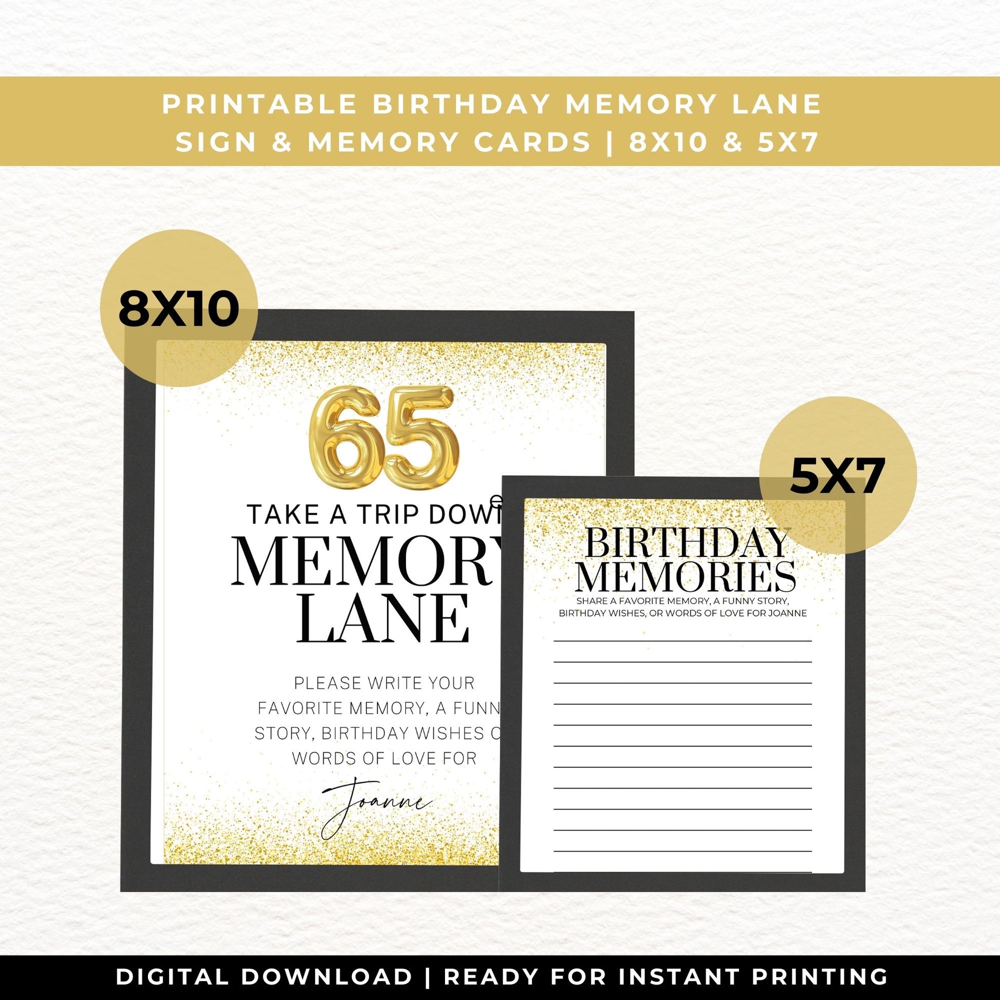 65th birthday memory lane sign and memory cards with gold and black design on a white background