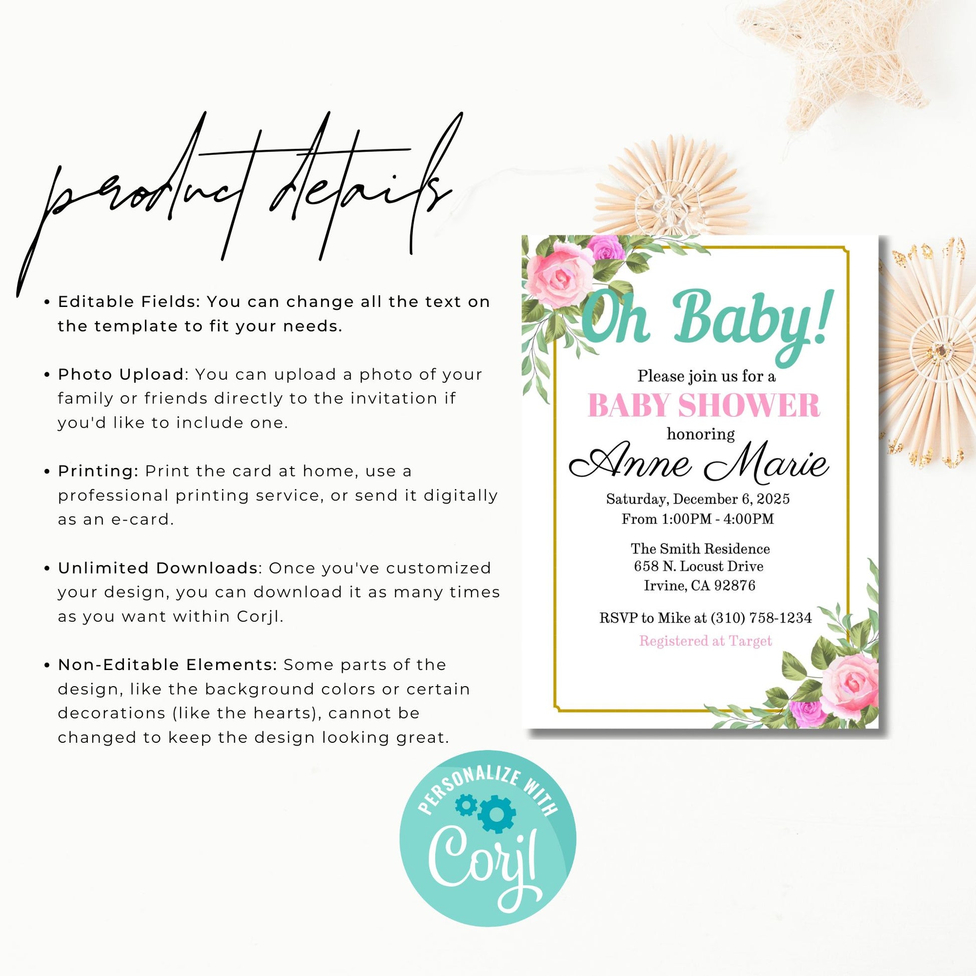 Baby shower invitation with floral design and text details on a white background