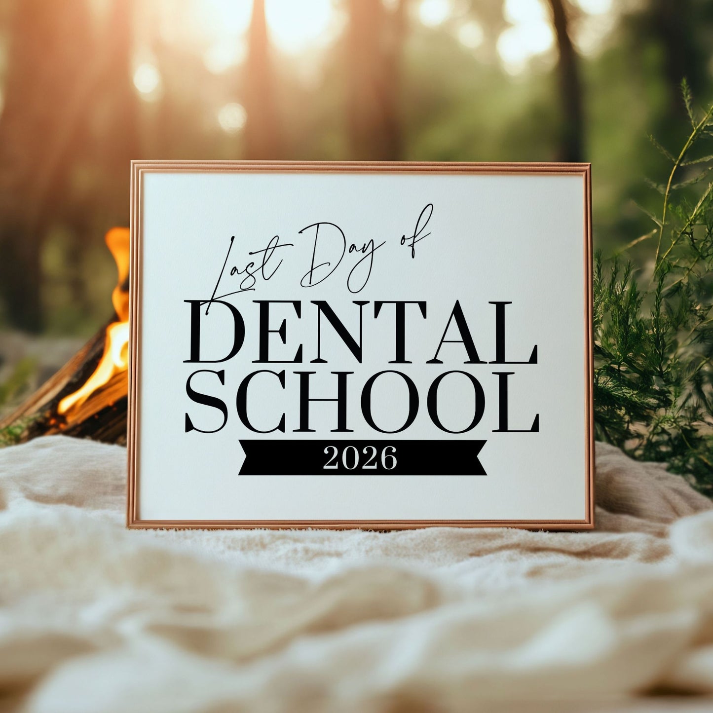 Framed sign reading 'Last Day of Dental School 2026' against a natural background with a fire.