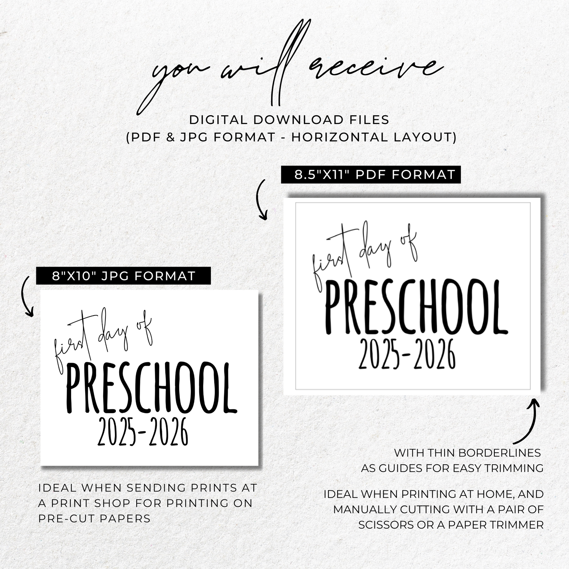 First Day of Preschool 2025-2026 Printable Sign | Back to School Photo Prop | Minimalist 8x10 Black and White Sign | Preschool Milestone Decor