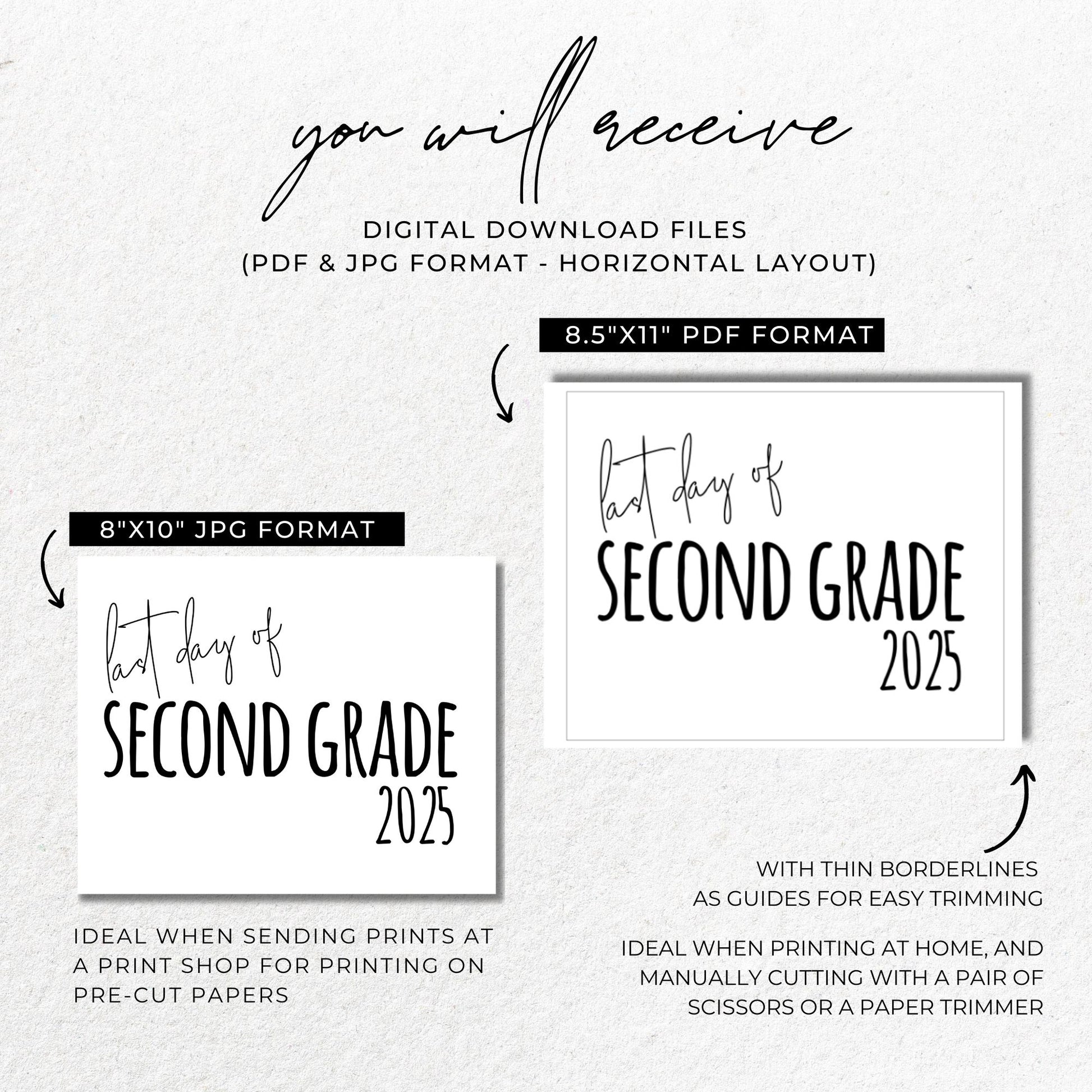 Last Day of Second Grade 2025 Printable Sign | 2nd Grade End of School Year Photo Prop | 8x10 Black and White Minimalist School Year Sign | Classroom Decor