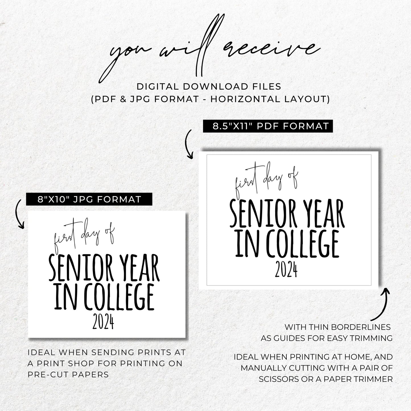 First Day of Senior Year in College 2024 Printable Sign 