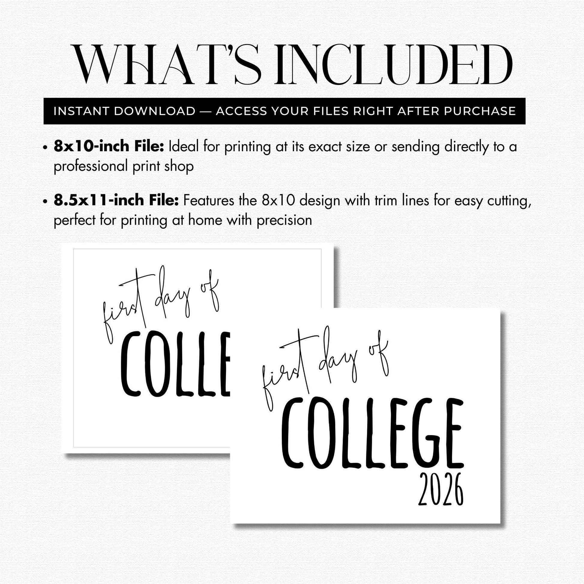 Promotional graphic for 'First Day of College 2026' printables with file size options.