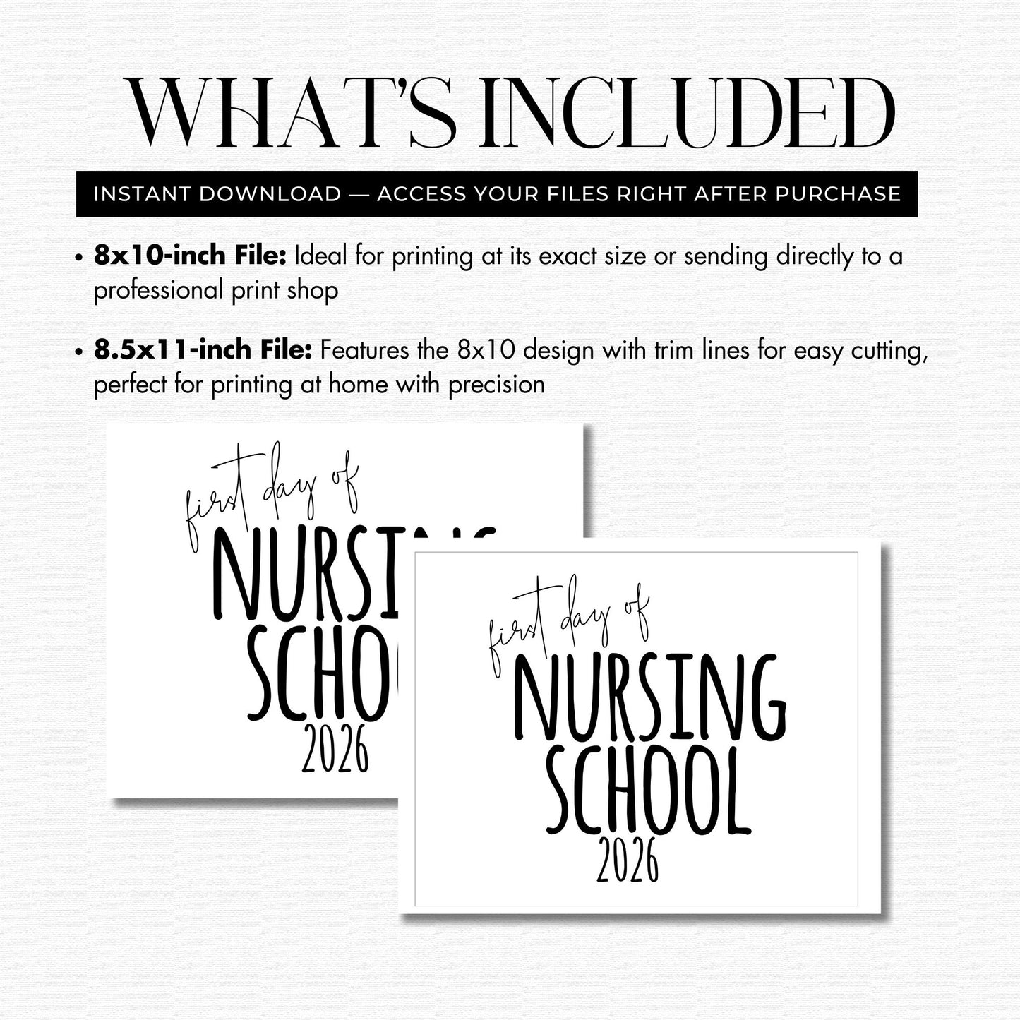 Product contents for nursing school digital download showing 8x10 and 8.5x11 PDF and JPG files with trimming guides for easy home printing.