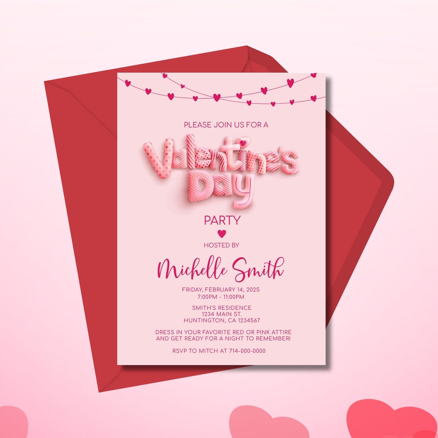 Editable Valentine's Day Party Invitation Template 5x7, Pink Heart Design, Corjl Instant Download, Custom Romantic Event Card