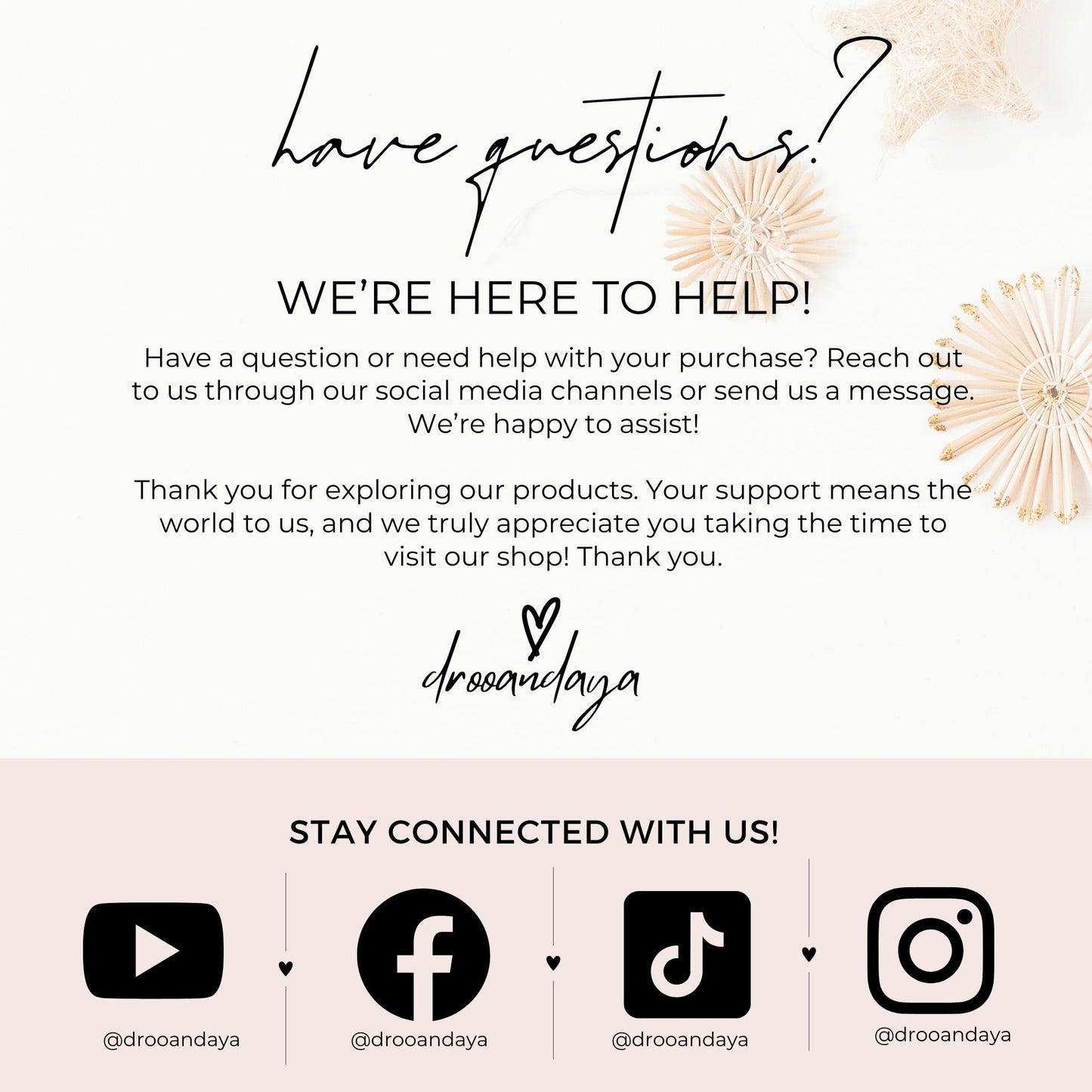Customer service message with contact information and social media icons on a white background
