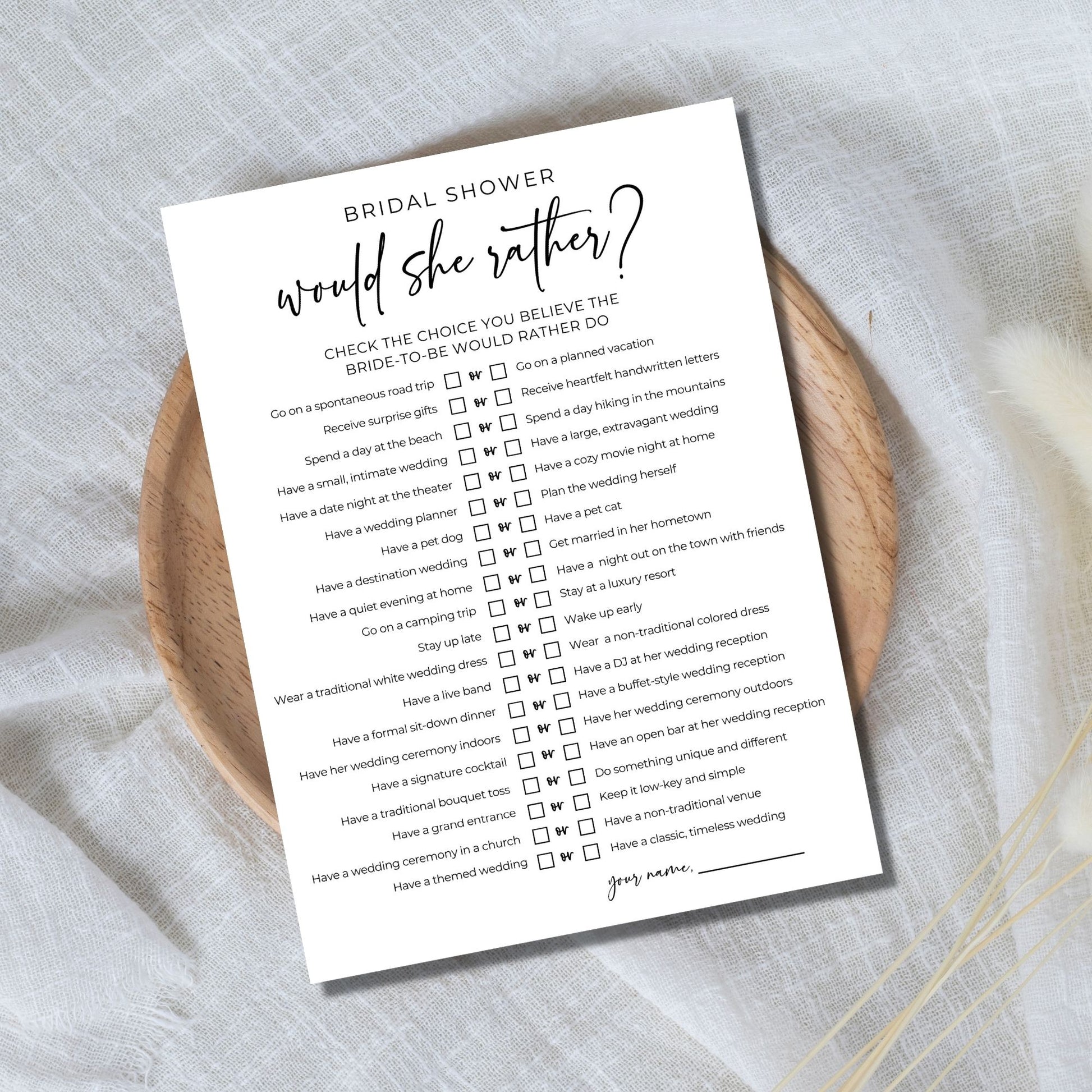 Would She Rather Bridal Shower Game - Printable PDF
