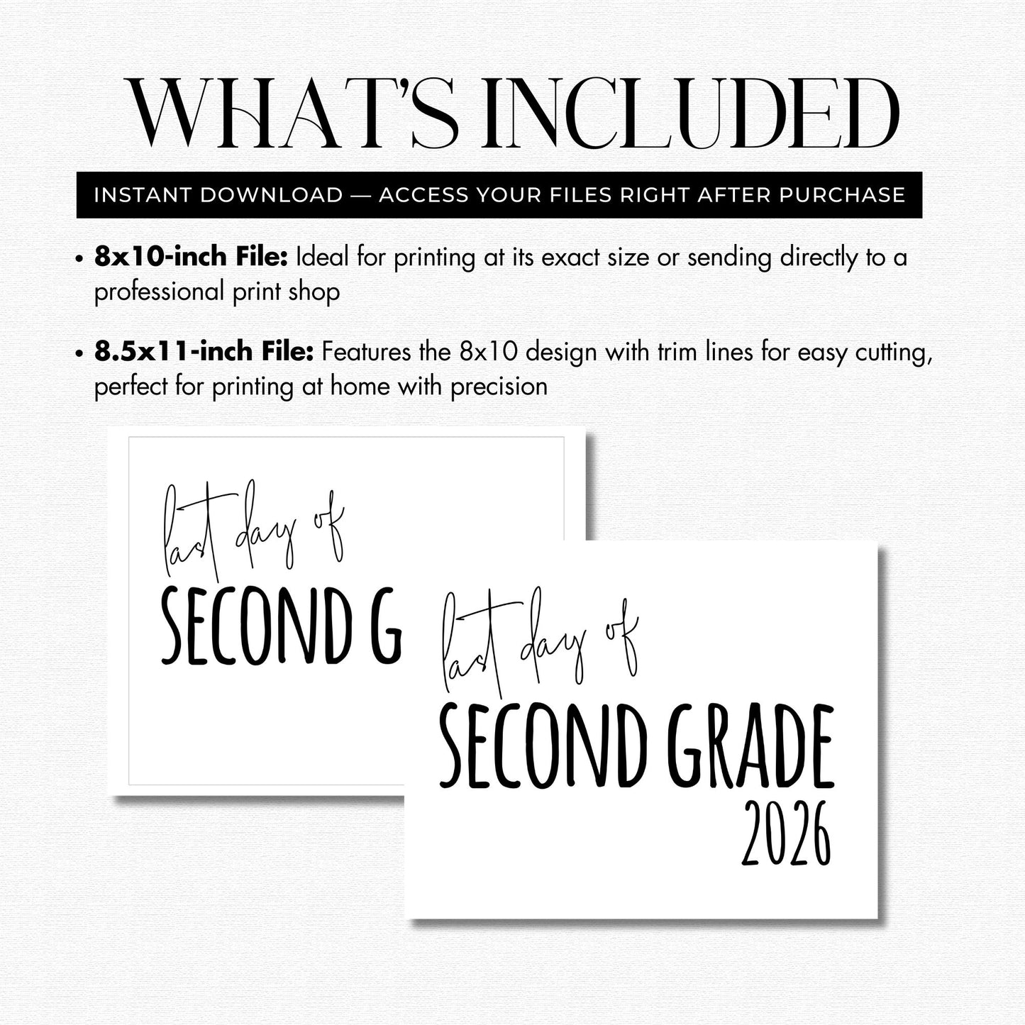 Promotional text and design files for 'First Day of Second Grade 2026' with file size options.