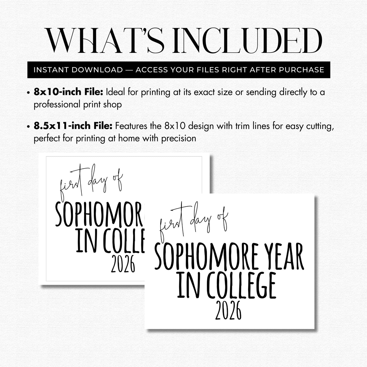 Promotional text and design files for 'First Day of Sophomore Year in College 2026' with file size options.