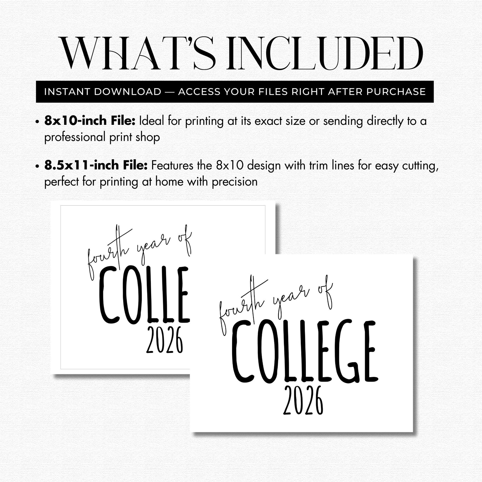 Two 'Fourth Year of College 2026' printables with file size information on a white background.