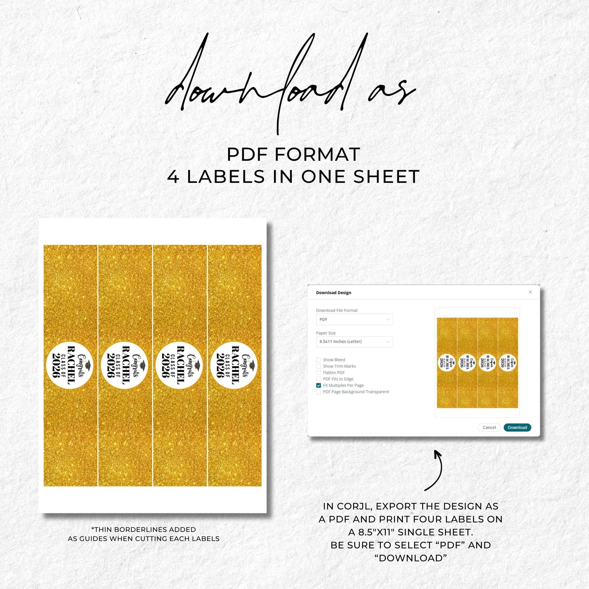 Gold label sheet with four labels on a white background, featuring text about downloading as a PDF.