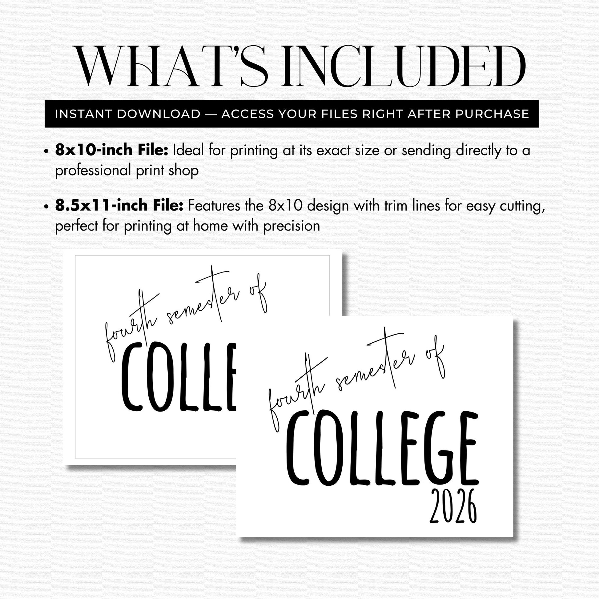 Informational text about print file sizes for 'Fourth Semester of College 2026' design on a white background.