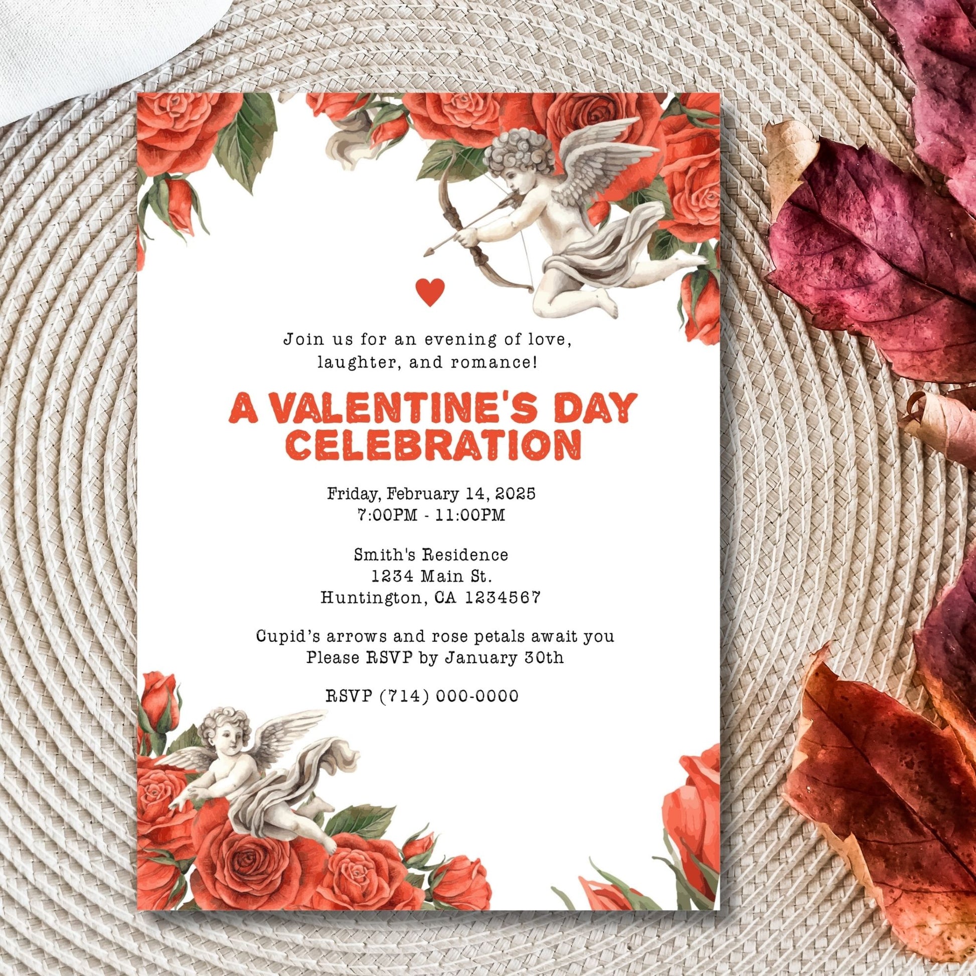 Editable Valentine's Day invitation with Cupid and roses design, customizable in Corjl, perfect for romantic 5x7 party or event.