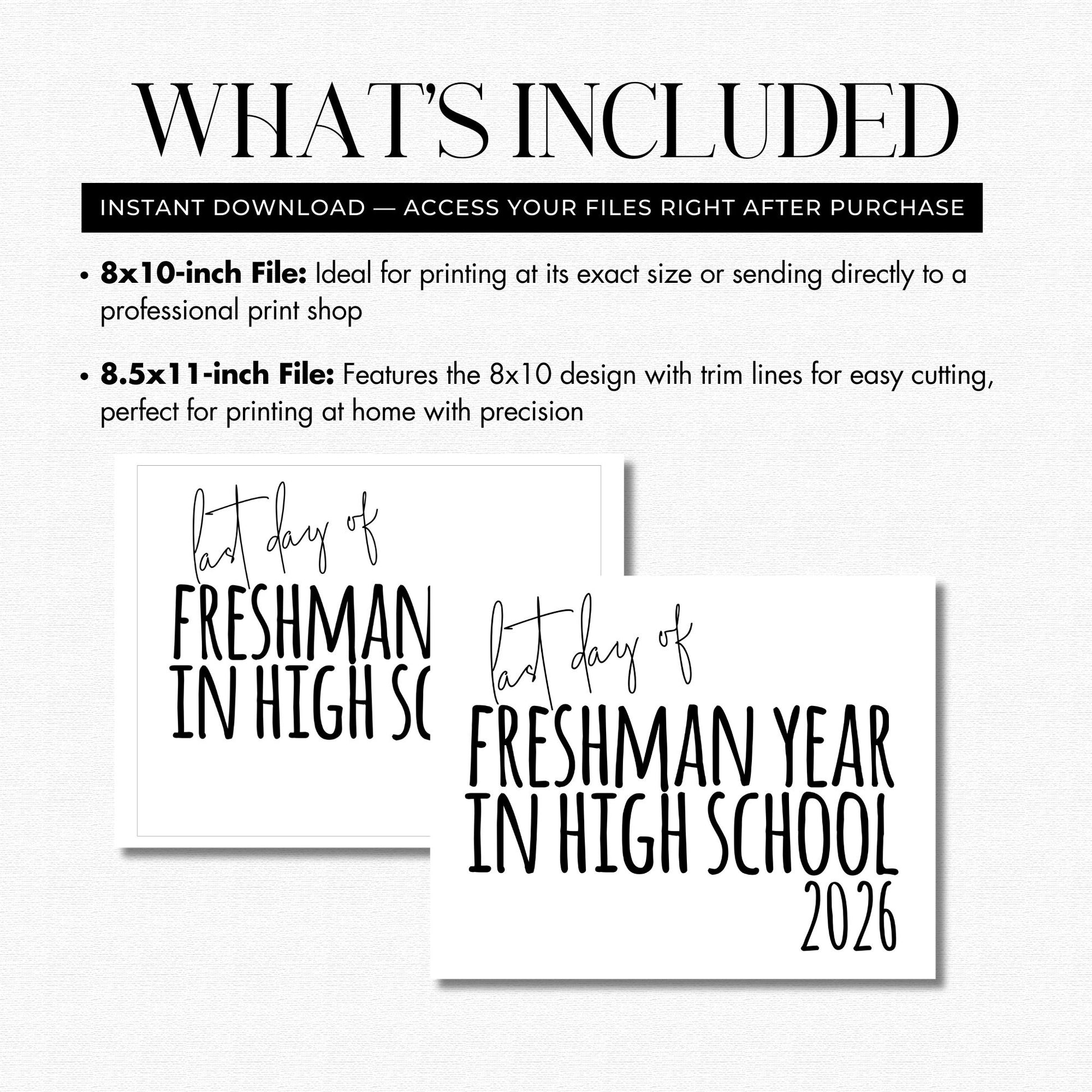 Text describing included files for printing or sending to a print shop, with two design options on a white background.