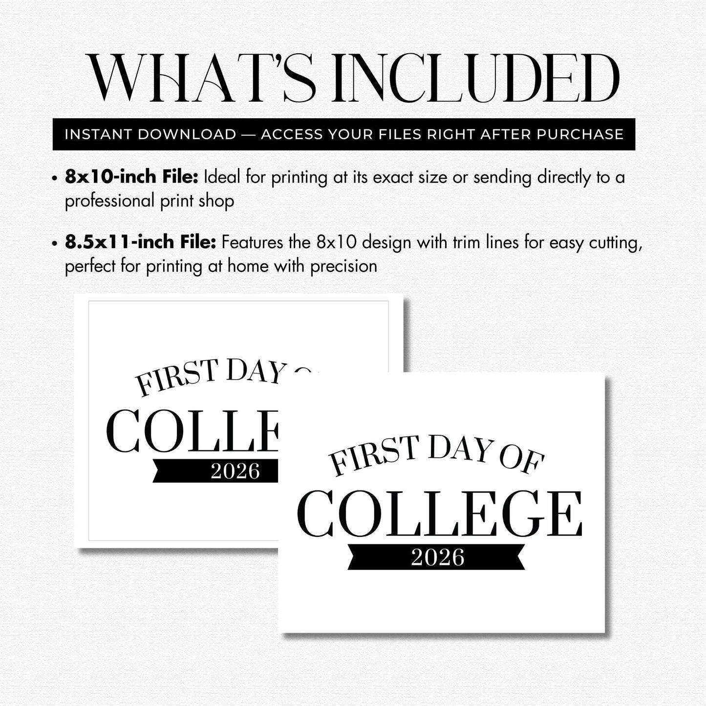 Two 'First Day of College 2026' printables with file size information on a white background.