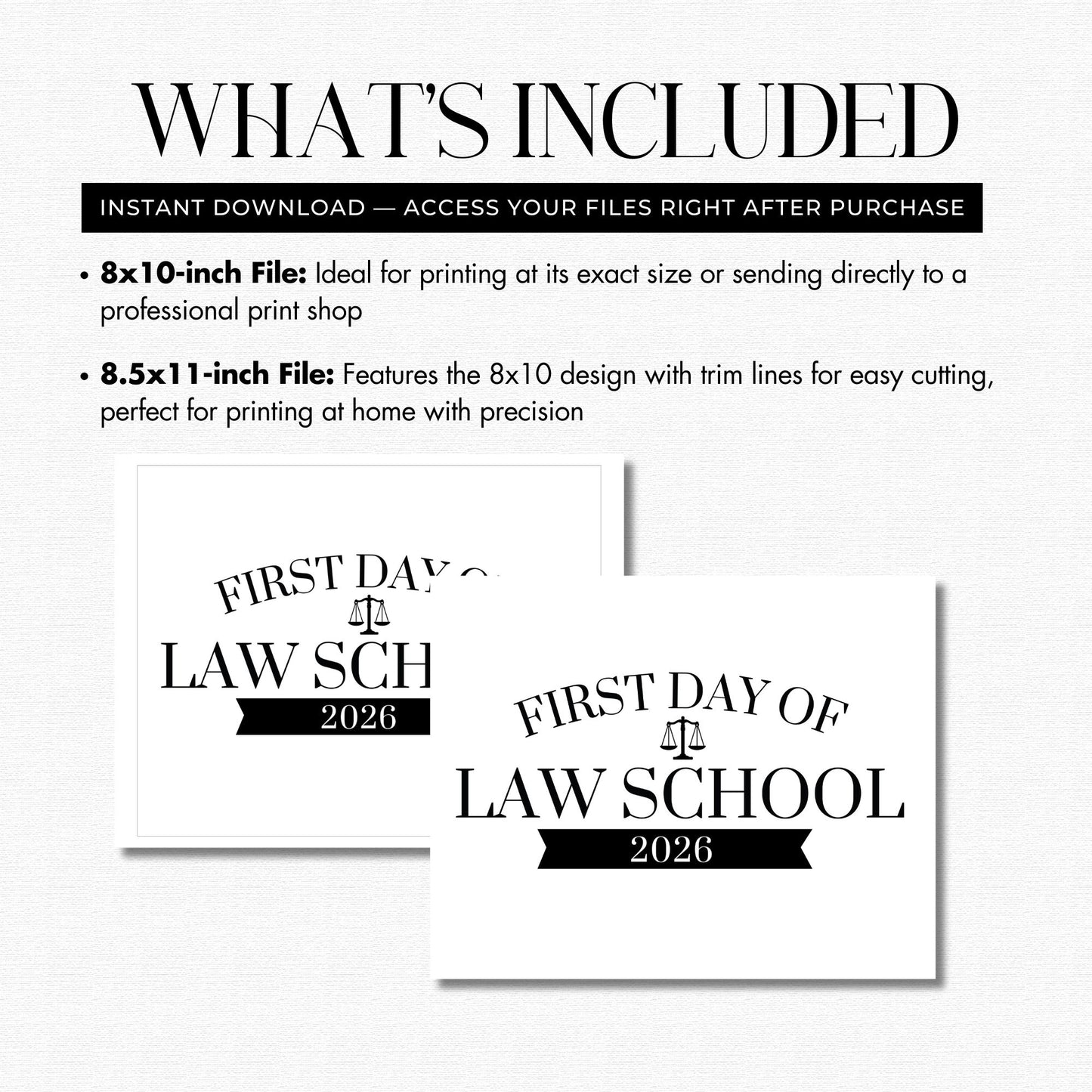 Two 'First Day of Law School 2026' printables with file size options on a white background.