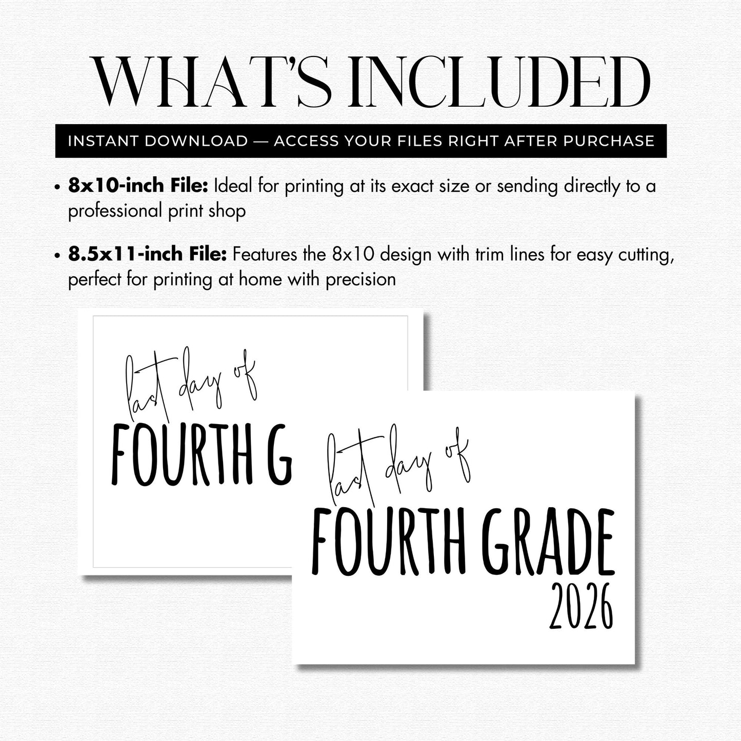 Promotional text for print files with 'First Day of Fourth Grade 2026' design on a white background.