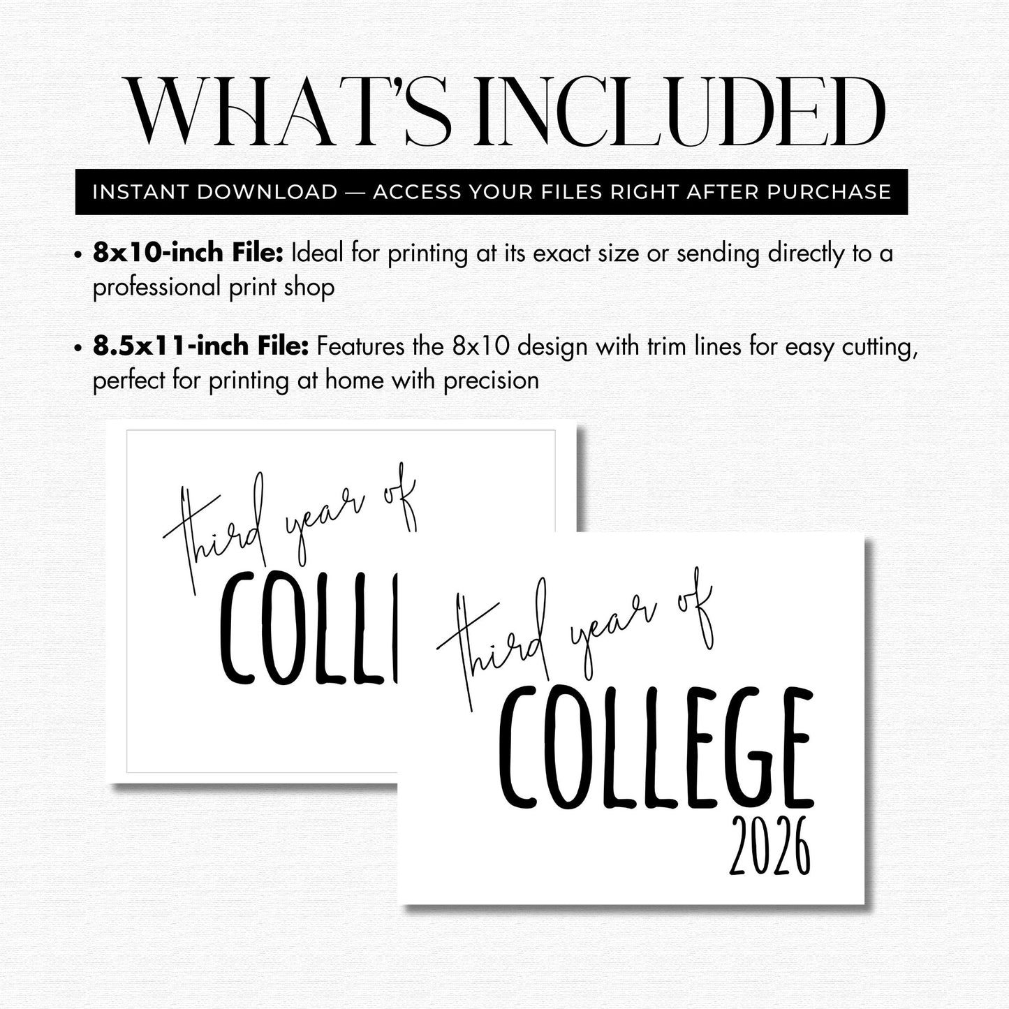 Text describing included files for 'Third Year of College 2026' design with size options.