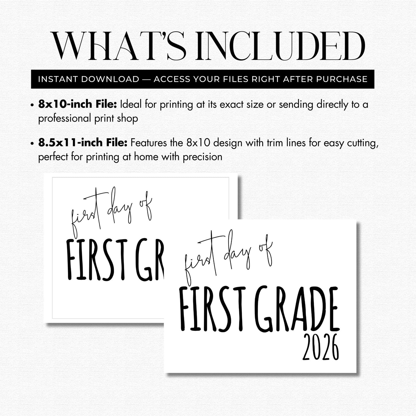 Promotional text and design files for 'first day of first grade' with file size options.