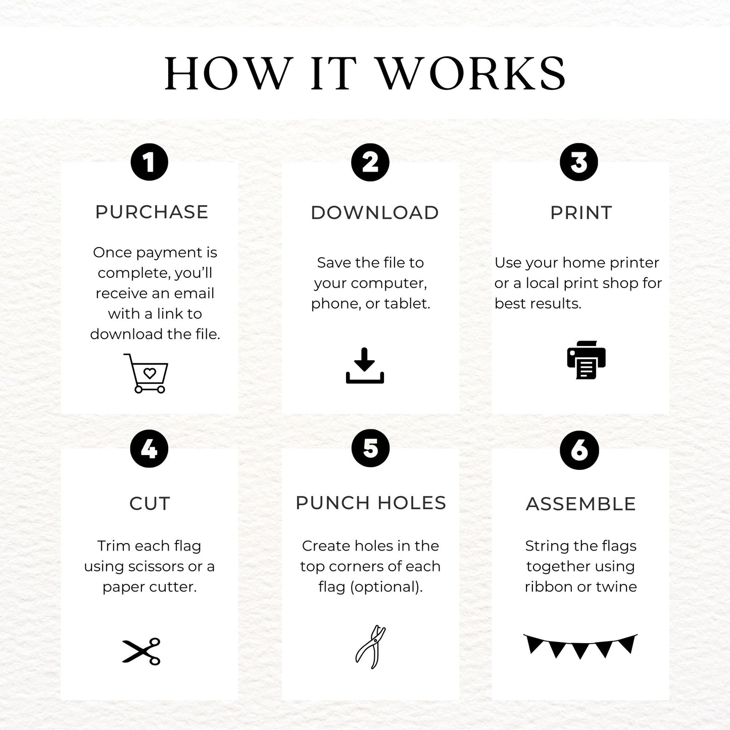 Step-by-step guide on how to purchase, download, print, cut, punch holes, and assemble flags.