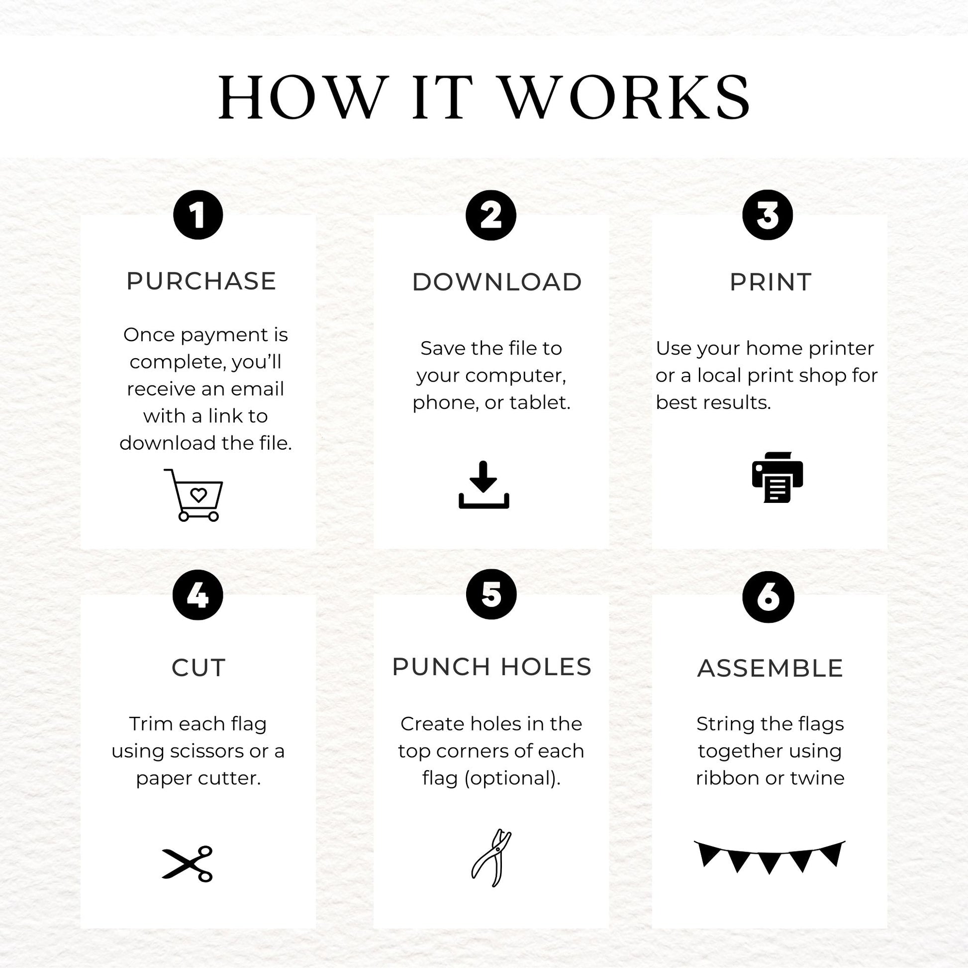 Step-by-step guide on how to purchase, download, print, cut, punch holes, and assemble flags.