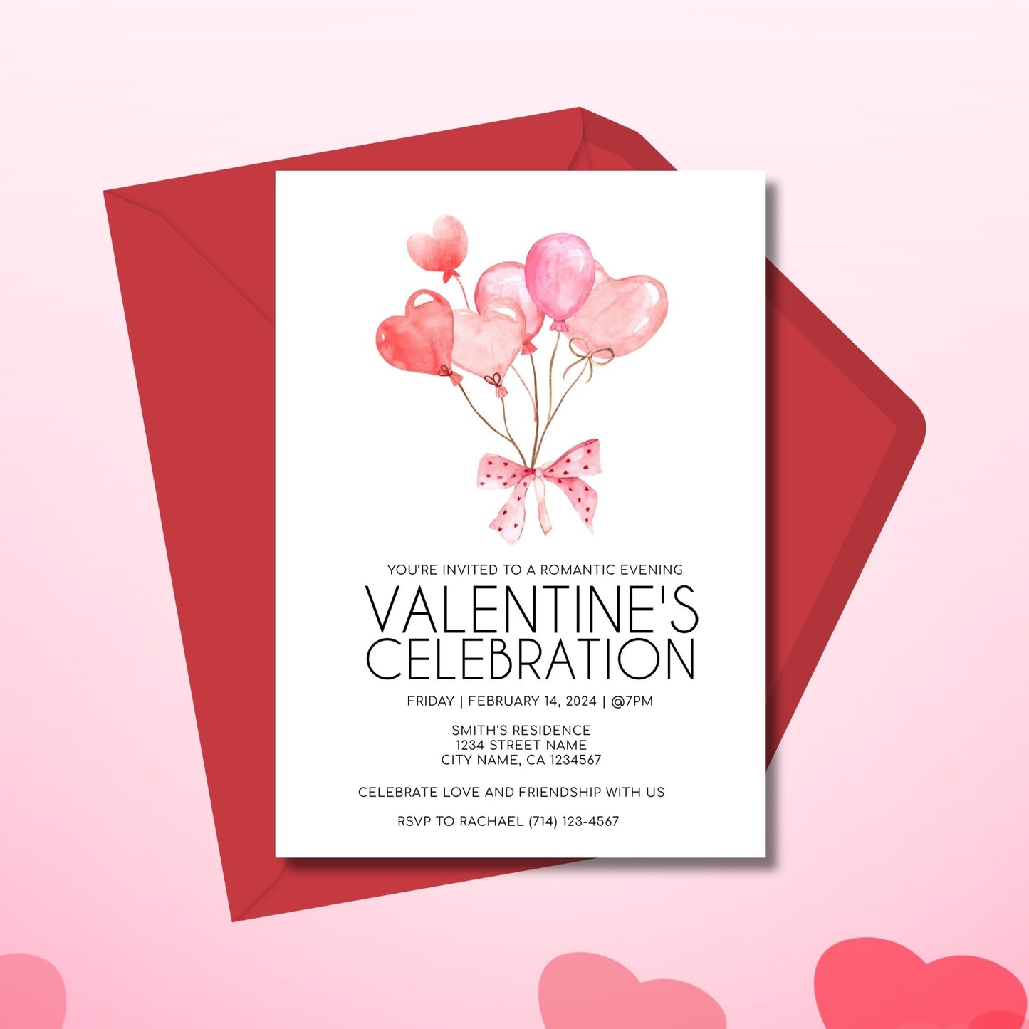 Editable Valentine's Day invitation featuring watercolor heart balloons and pink bow design, customizable in Corjl, 5x7 template for events